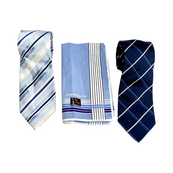 Set: 2 Valentino F Neckties Blue Striped +1 Valentino L Blue Handkerchief (60) - Picture 2 of 11